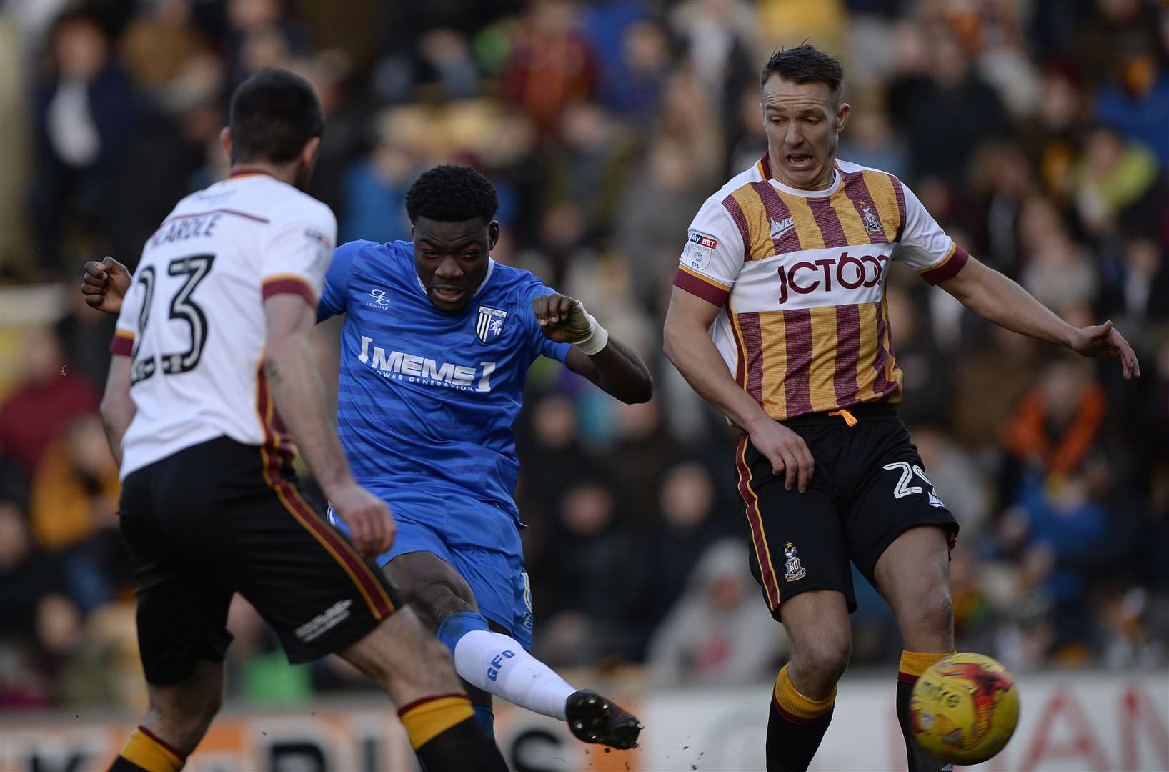 Deji Oshilaja scores the equaliser against Bradford on Gills' last visit