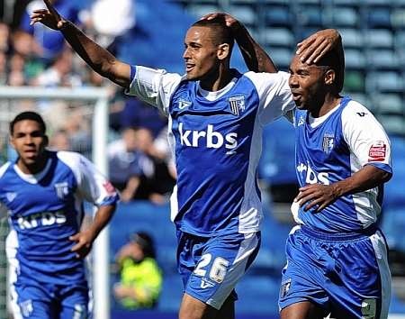 Man-of-the-match Curtis Weston (centre) celebrates his goal with Chris Palmer. Picture: Barry Goodwin