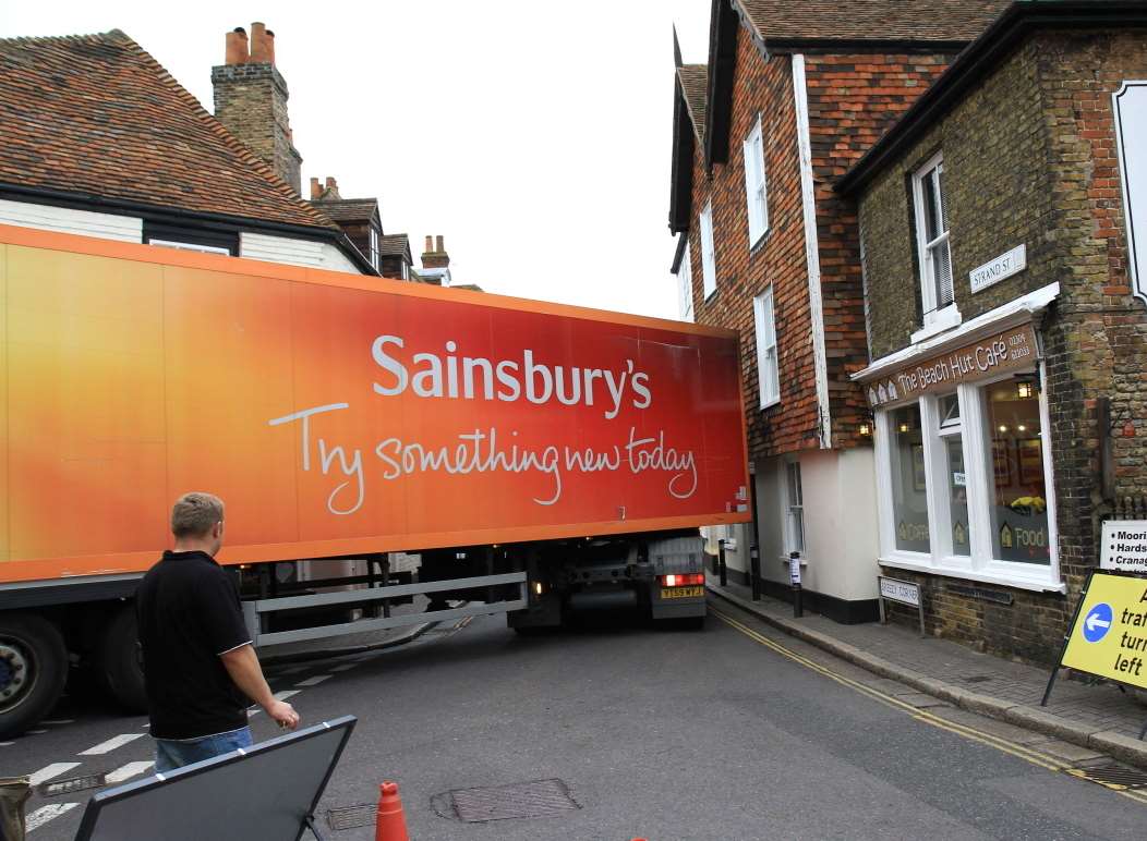 A Sainsbury's lorry stuck on Breezy Corner in Sandwich