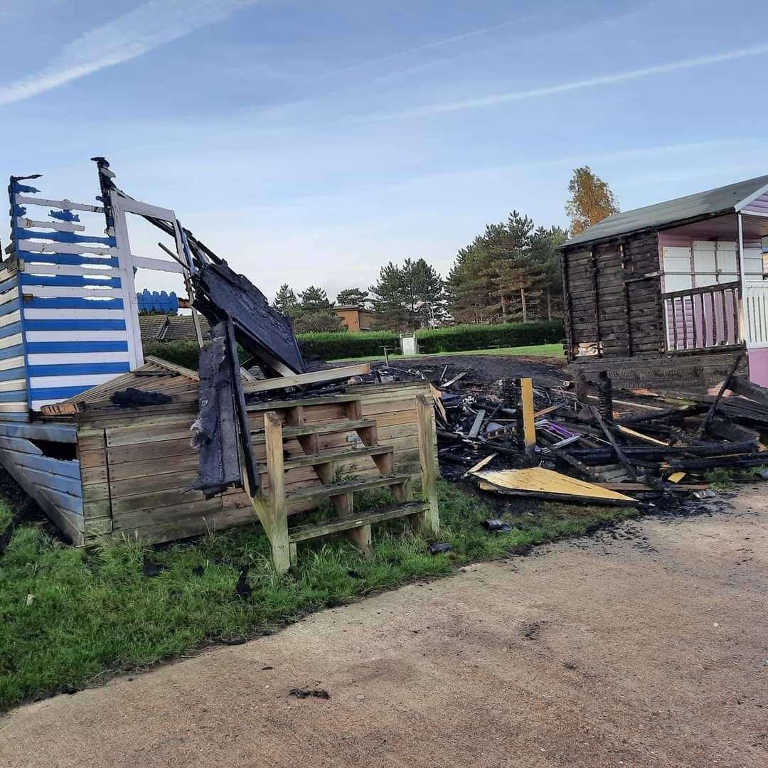 The destroyed beach huts at Long Rock,Whitstable