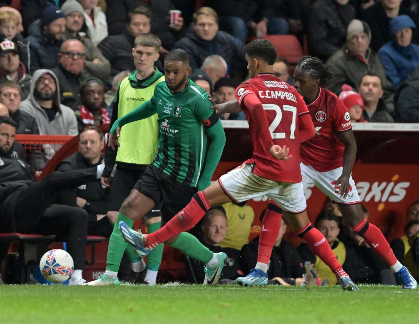 Sonny Black makes progress down the flank during Cray Valley’s draw at Charlton. Picture: Keith Gillard