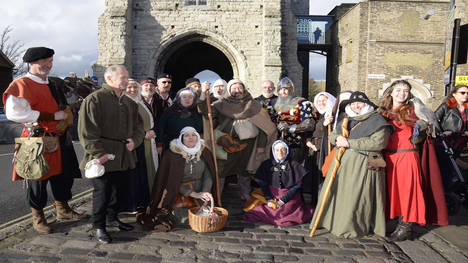 Medieval re-enactors greet pilgrim Steven Payne