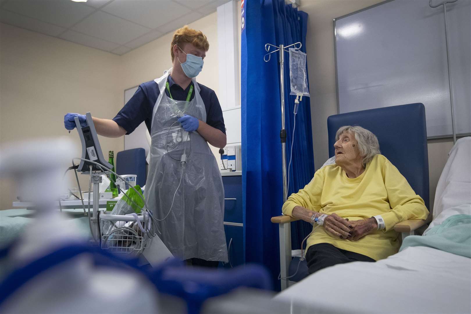 Rehab support workers with patient Shirley Hughes (Victoria Jones/PA)