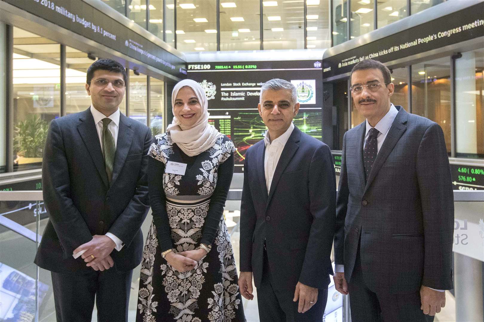 Mayor of London Sadiq Khan (second right) alongside new FCA chief Nikhil Rathi (far left), during his role as chief executive of London Stock Exchange (Victoria Jones/PA)