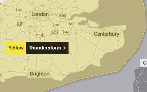 A yellow weather warning for thunderstorms has been issued in Kent. Picture: Met Office