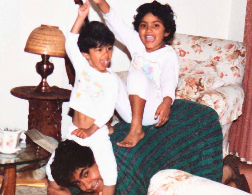 An old photograph of Lakshman with his sons Jonathan and James, now 32 and 30.