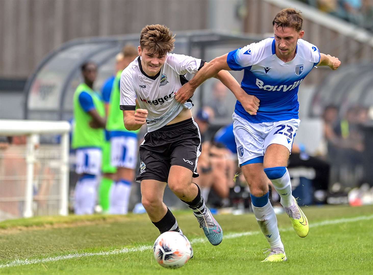 Gillingham’s Conor Masterson on defensive duties at Dover last Saturday Picture: Stuart Brock