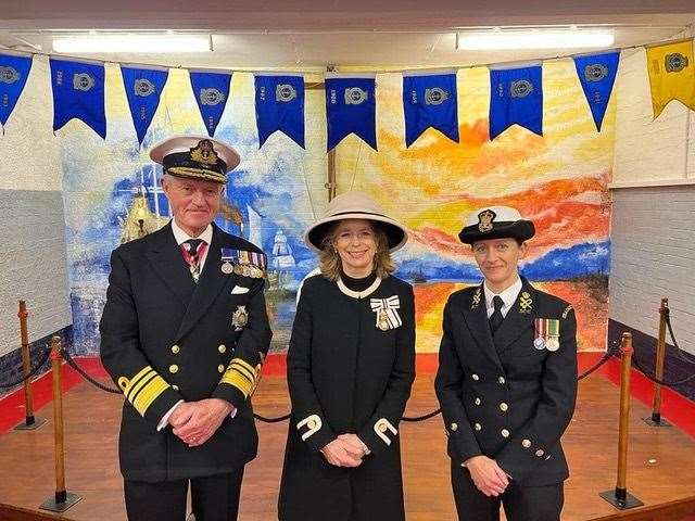 Vice Admiral Sir Adrian Johns, Lord Lieutenant of Kent Lady Colgrain and Sheppey Sea Cadets' Officer in Charge Leisse Gambell at Barton's Point, Sheerness
