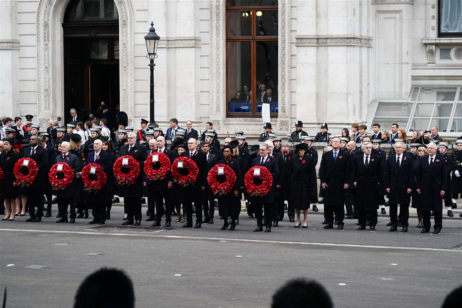 From left, Home Secretary Yvette Cooper, Foreign Secretary David Lammy, Speaker of the House of Lords, Lord McFall, Speaker of the House of Commons, Sir Lindsay Hoyle, DUP leader Gavin Robinson, NP Westminster leader Stephen Flynn, Liberal Democrat leader Sir Ed Davey, Conservative Party leader Kemi Badenoch, Prime Minister Sir Keir Starmer, former prime minister Theresa May, former prime minister Lord David Cameron, former prime minister Gordon Brown, former prime minister Tony Blair, and former prime minister John Major, during the Remembrance Sunday service at the Cenotaph (Jordan Pettitt/PA)