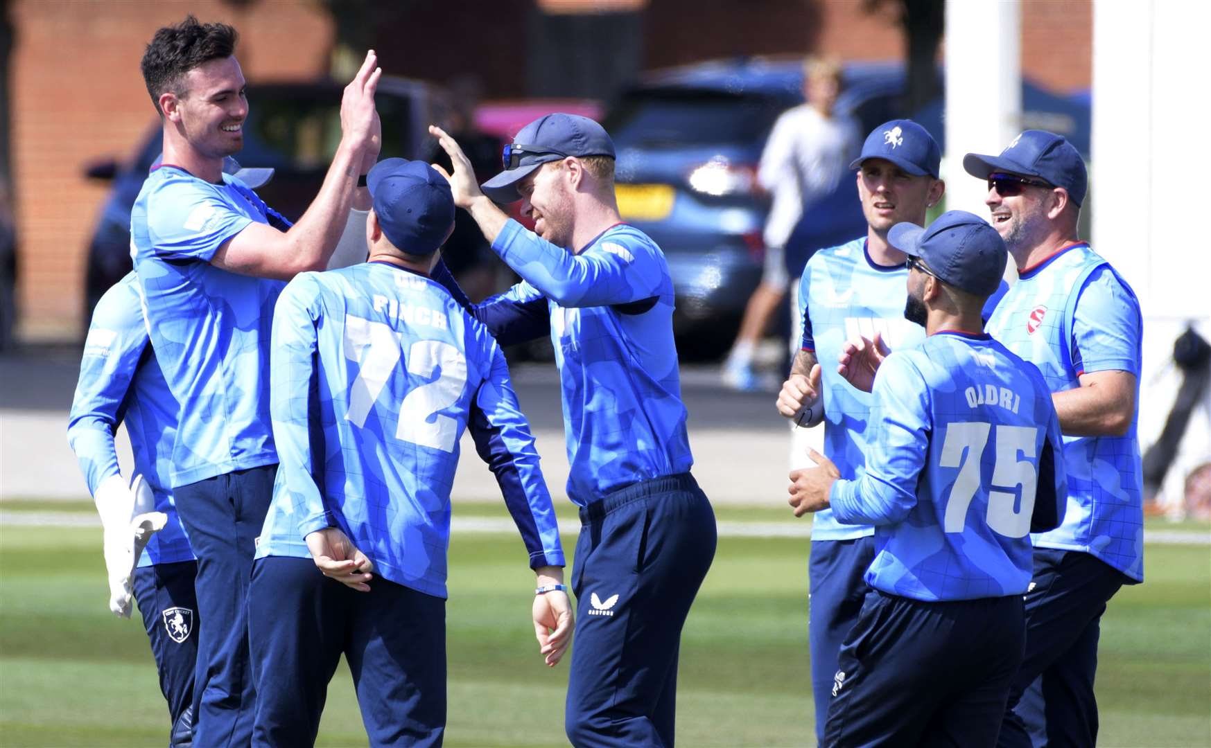 Nathan Gilchrist celebrates removing Lancashire skipper Keaton Jennings for 17 - he ended with figures of 3-52. Picture: Barry Goodwin