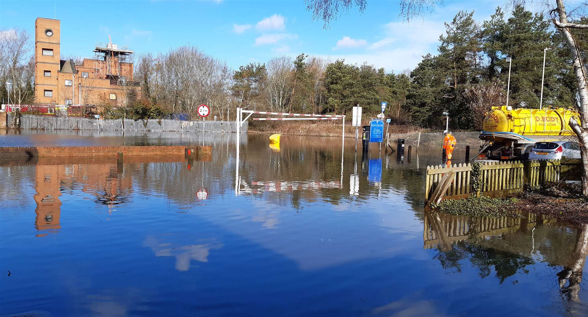 The car park on Henwood Industrial Estate has been inundated by flood water in the past, including here in March 2020