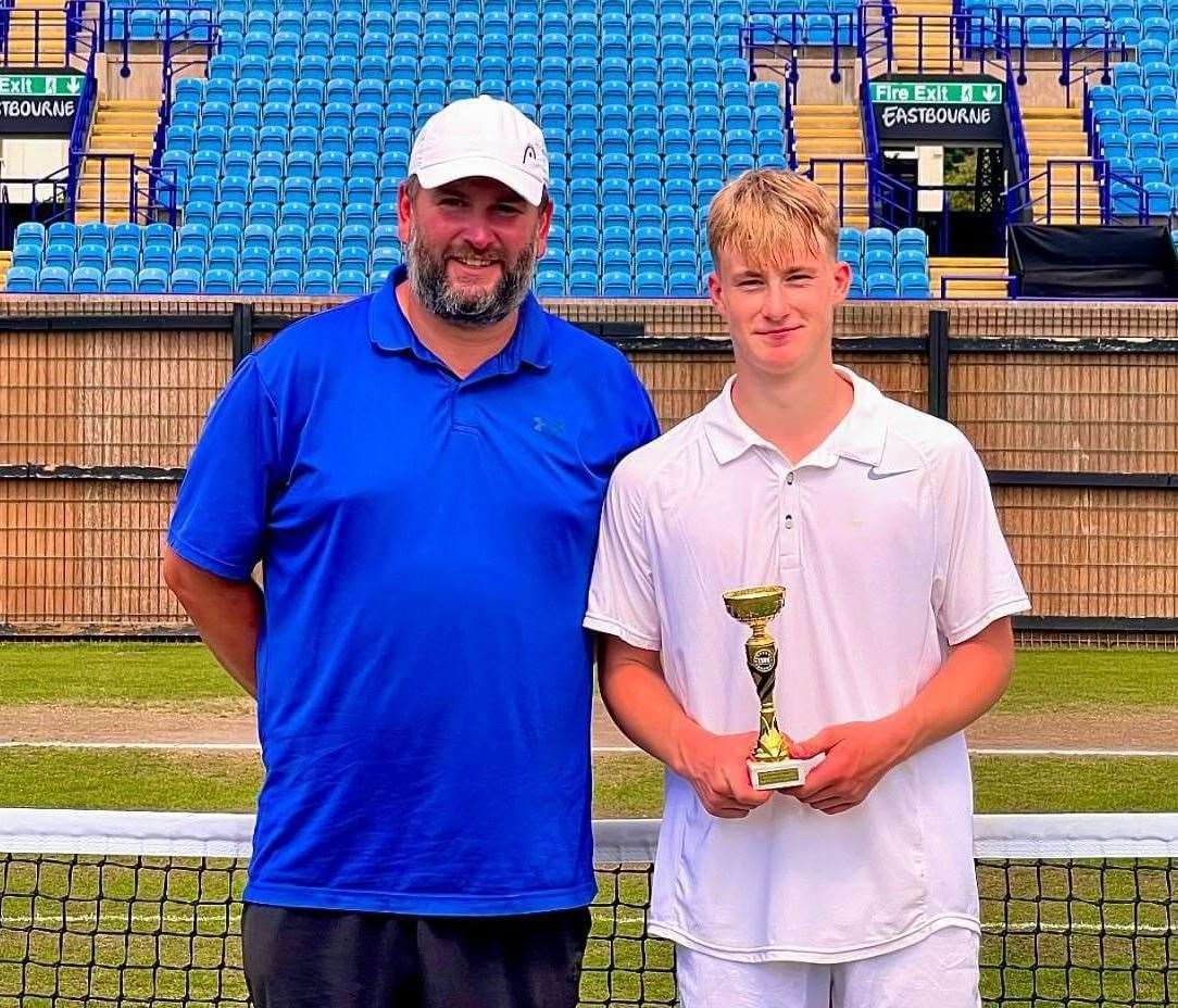 Folkestone teenager Ruben Mudd with coach Chris Hollands on Centre Court at Devonshire Park