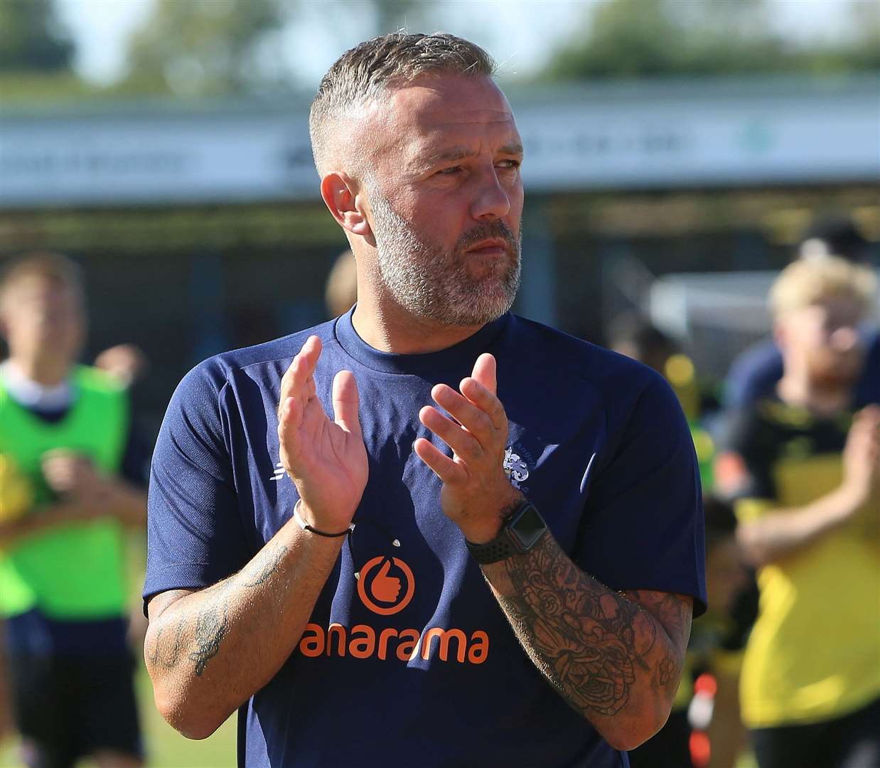 Tonbridge manager Jay Saunders applauds the away supporters. Picture: David Couldridge