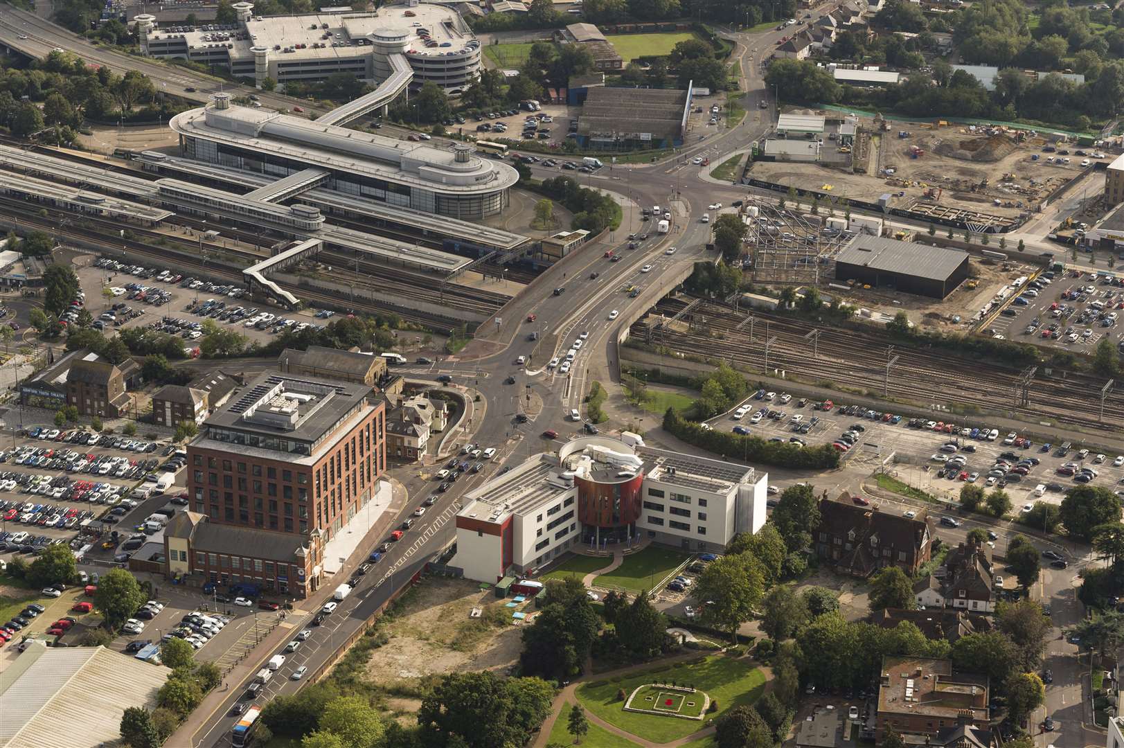 Ashford College and the Connect 38 office block at Dover Place dominate the skyline in this photo from September 2018. Picture: Ady Kerry/Ashford Borough Council