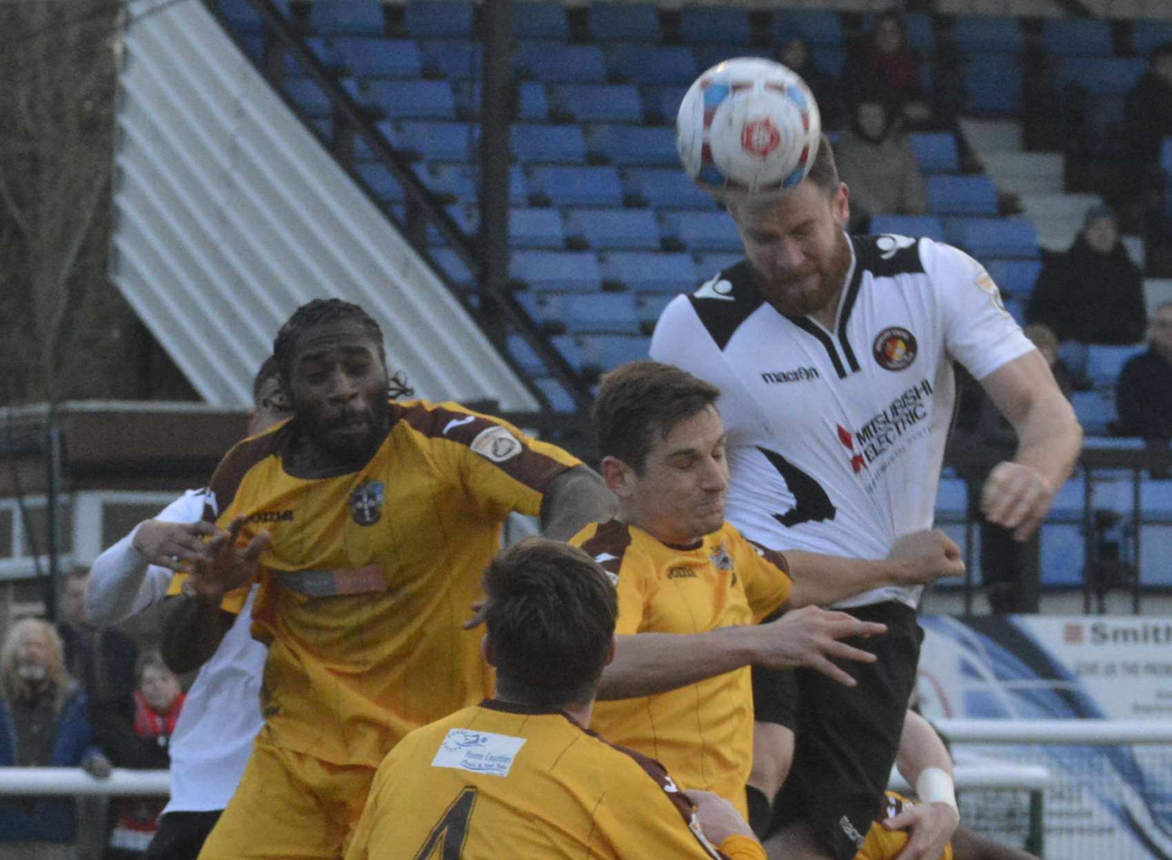 Kelvin Langmead wins a header on his Ebbsfleet debut at Sutton Picture: Paul Jarvis