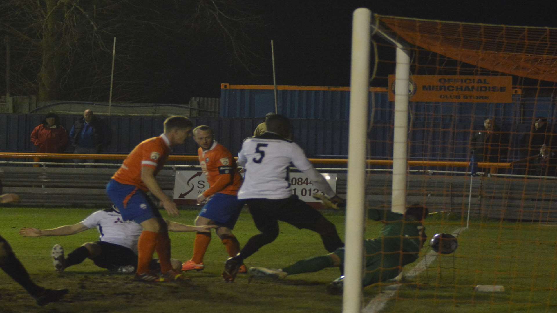 Adam Cunnington (on ground) forces the ball over the line for Ebbsfleet's goal Picture: Paul Jarvis