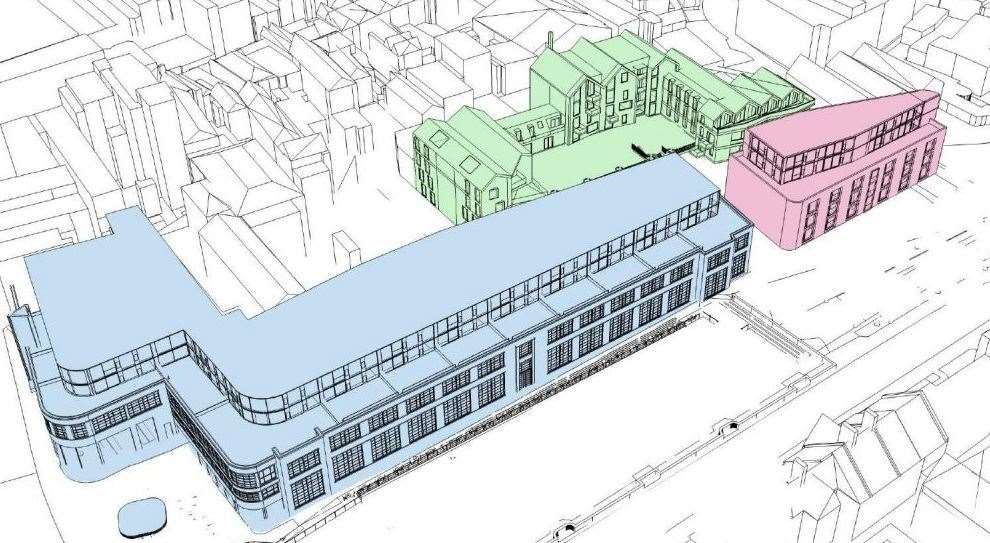 A schematic of the proposals for Len House: the blue building is the existing Len house (with a story-story extension on the roof), the pink building is the 'extension', and the green buildings are also proposed