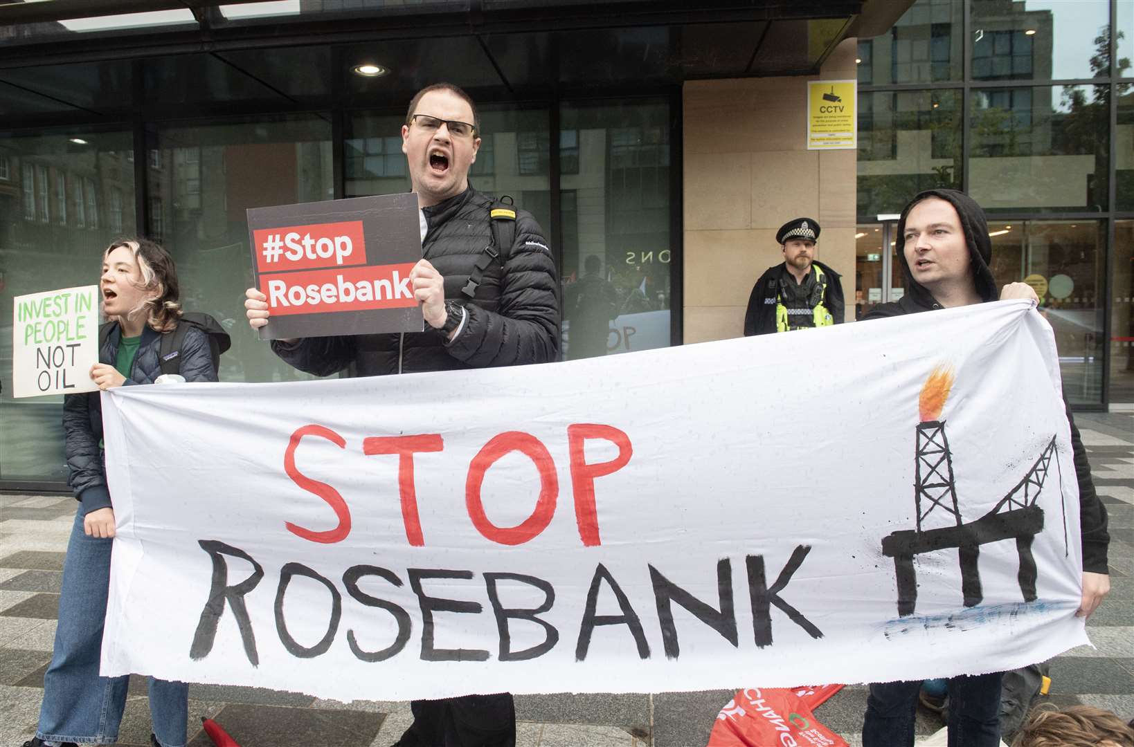 Campaigners take part in a Stop Rosebank protest outside the UK Government building in Edinburgh in September (Lesley Martin/PA)