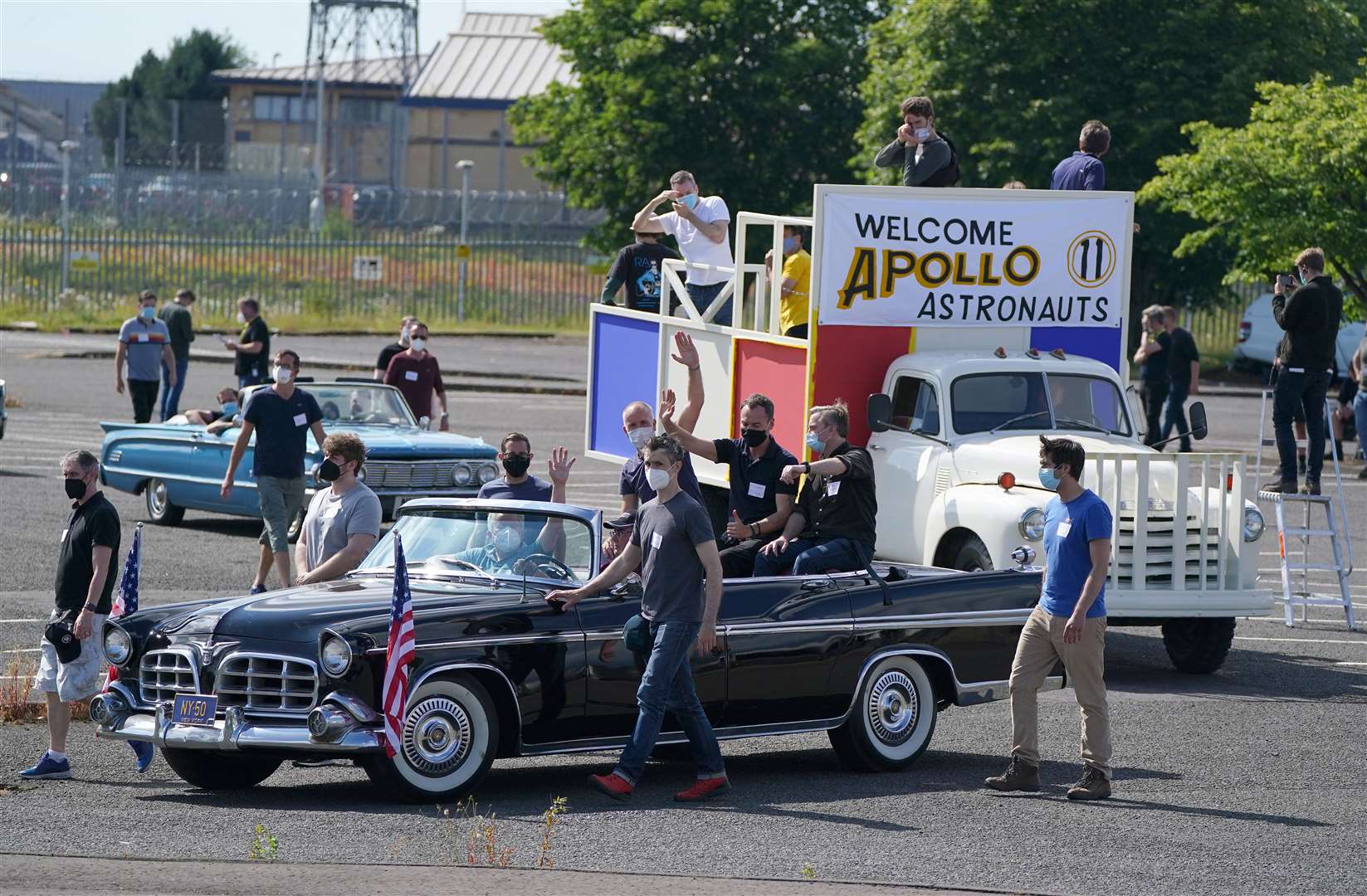 Rehearsals being held on Tuesday in a Govan car park for a parade scene (Andrew Milligan/PA)