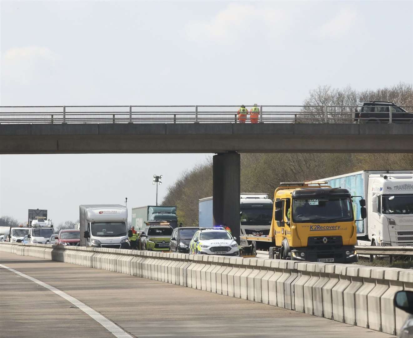 A car hit the central reservation on the M20. Picture: UKNIP