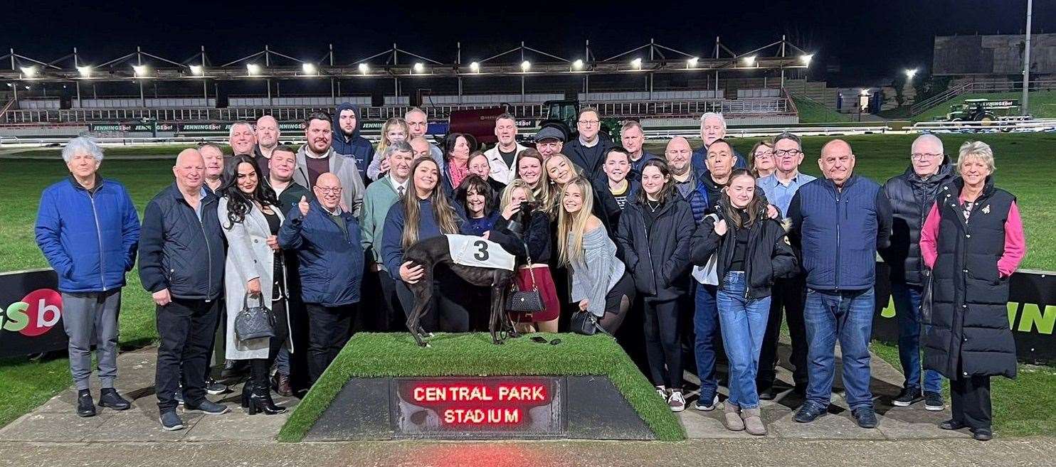 Harvel-based trainer Tony Collett and connections celebrate his winning send-off at Central Park. Picture: Central Park Stadium