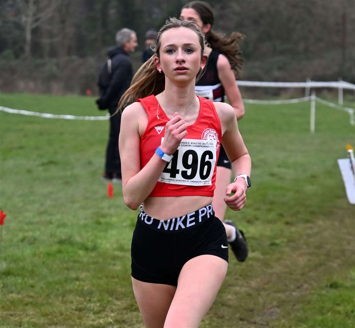 Intermediate girls runner Niamh Paterson (No.496) of South East Kent. Picture: Simon Hildrew