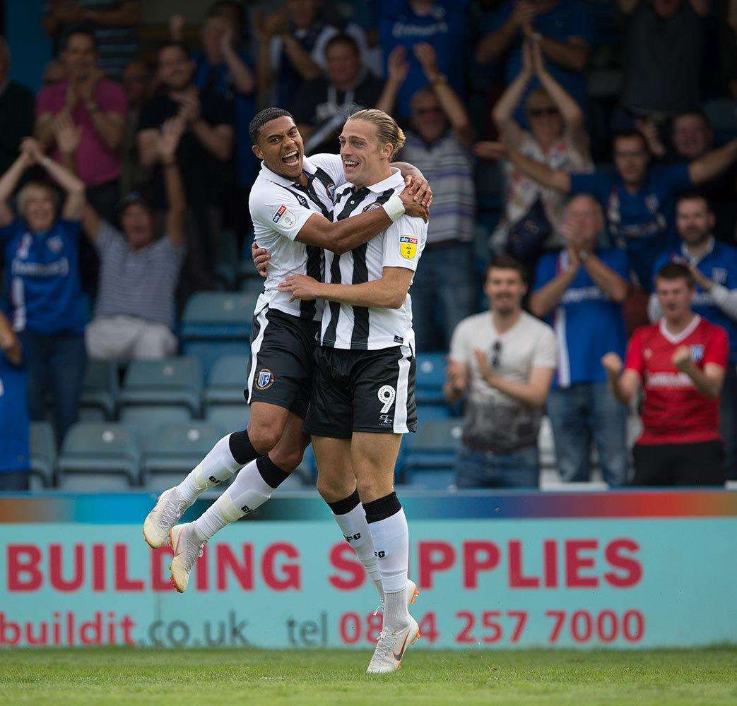 Tom Eaves and Bradley Garmston celebrate a goal for Gillingham Picture: Ady Kerry