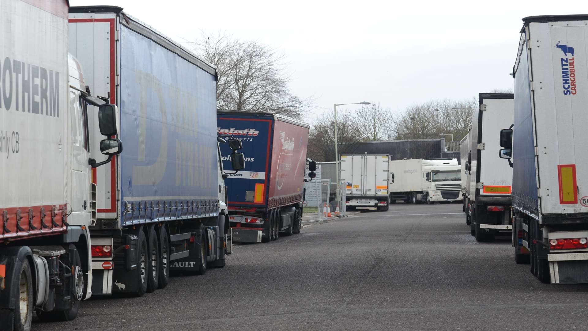 Foreign lorries parked up on Ashford's Ellingham Industrial Estate