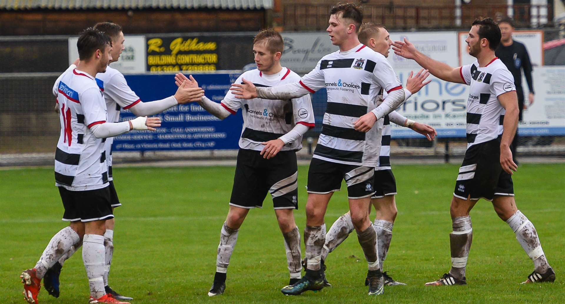 Deal Town celebrate scoring a goal against Oxhey Jets in the FA Vase Picture: Alan Langley