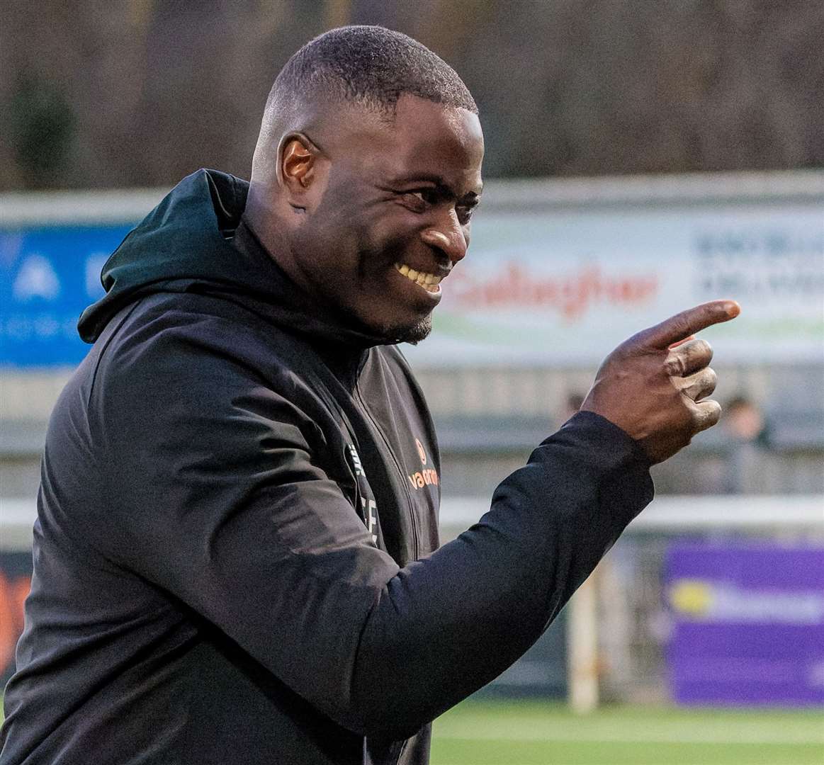 Maidstone United manager George Elokobi is all smiles. Picture: Helen Cooper