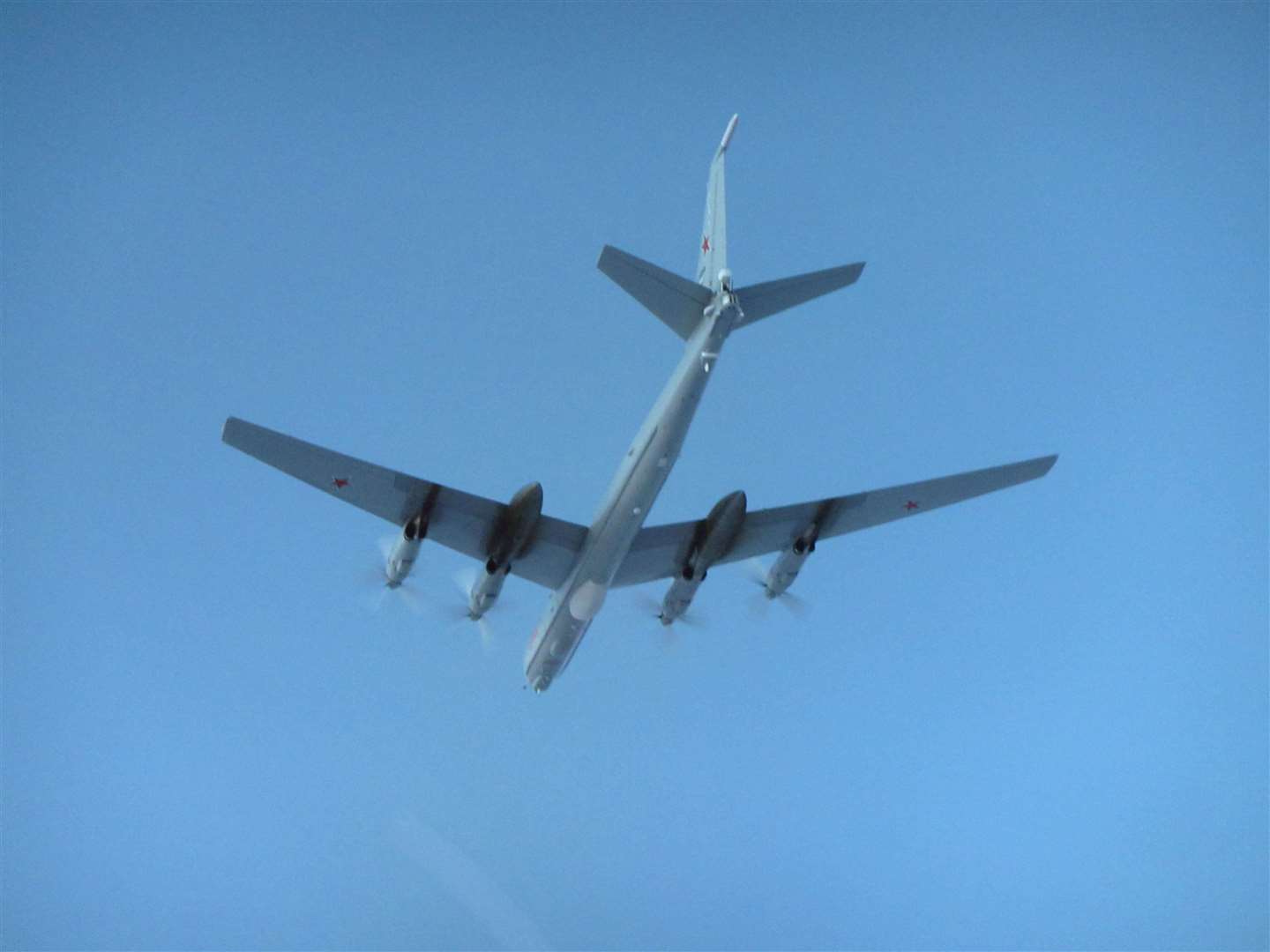 One of two Russian Tupolev Tu-142 Bear F aircraft operating near UK airspace that were intercepted by RAF Typhoons (Ministry of Defence/PA)