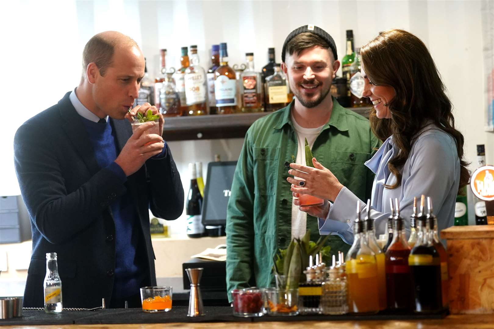 The Prince and Princess of Wales tasting drinks after a cocktail-making competition during a visit to Trademarket in Belfast (Brian Lawless/PA)