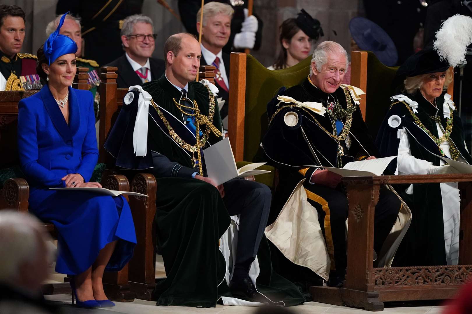 William, Kate and the and Queen during the service for the presentation of the Honours of Scotland, at St Giles’ Cathedral, Edinburgh (Andrew Milligan/PA)