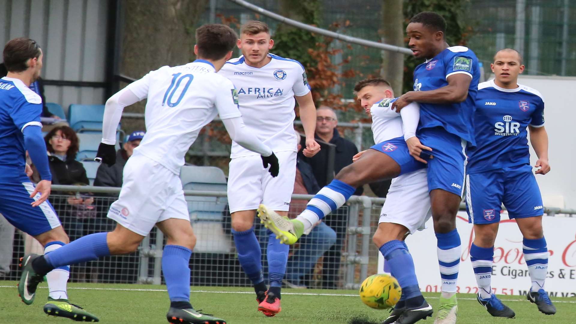 Margate's George Essuman makes a challenge during Saturday's 1-0 home win over Lowestoft Picture: Don Walker