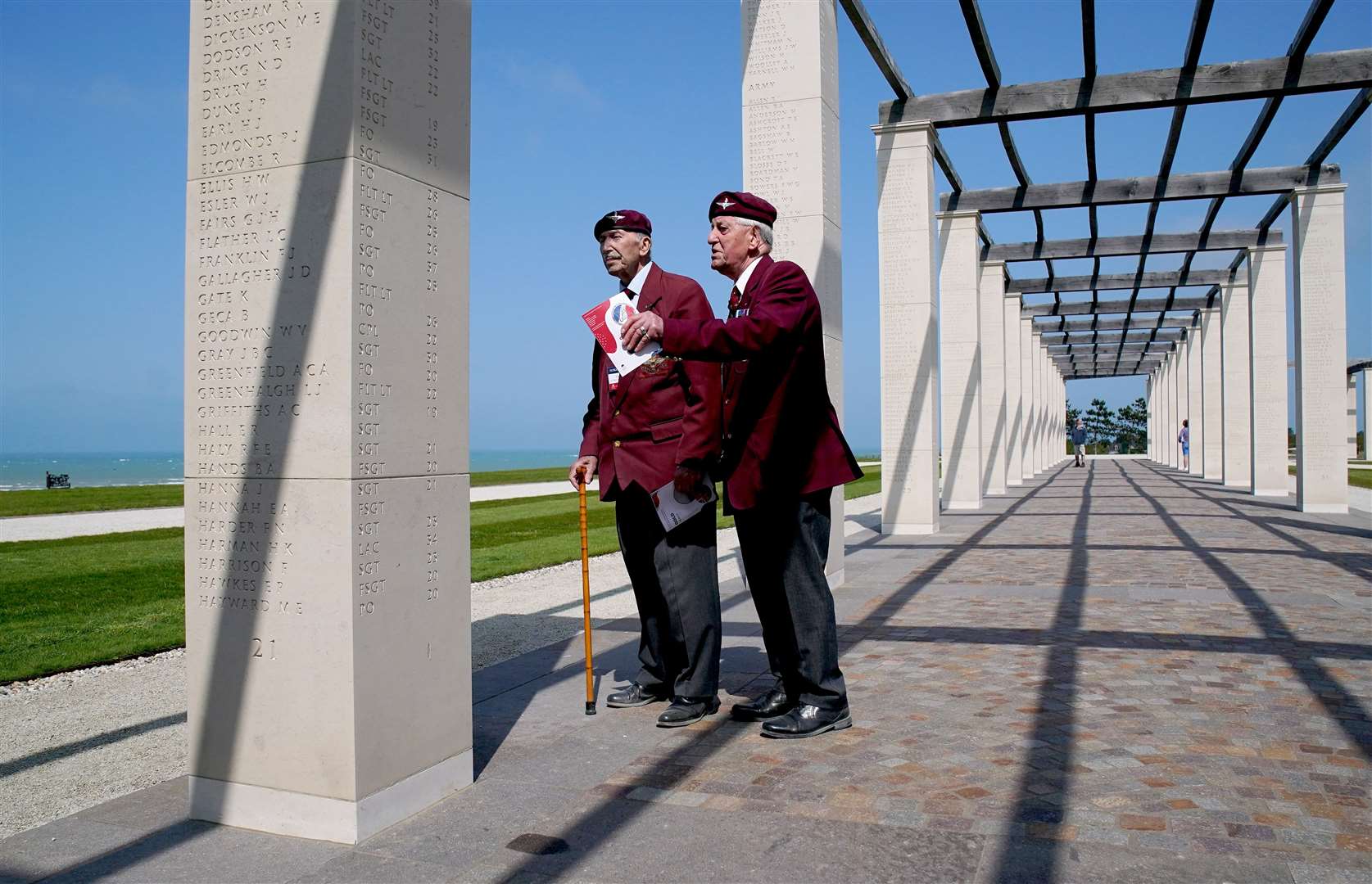 Veteran Tom Schaffer (left), 13th Battalion Parachute Regiment 6th AB, with his companion John Pinkerton, at the the British Normandy Memorial at Ver-sur-Mer (Gareth Fuller/PA)