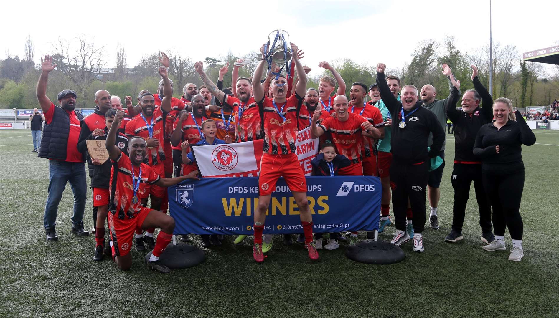 Punjab United captain Lea Dawson lifts the Kent Senior Trophy. Picture: PSP Images