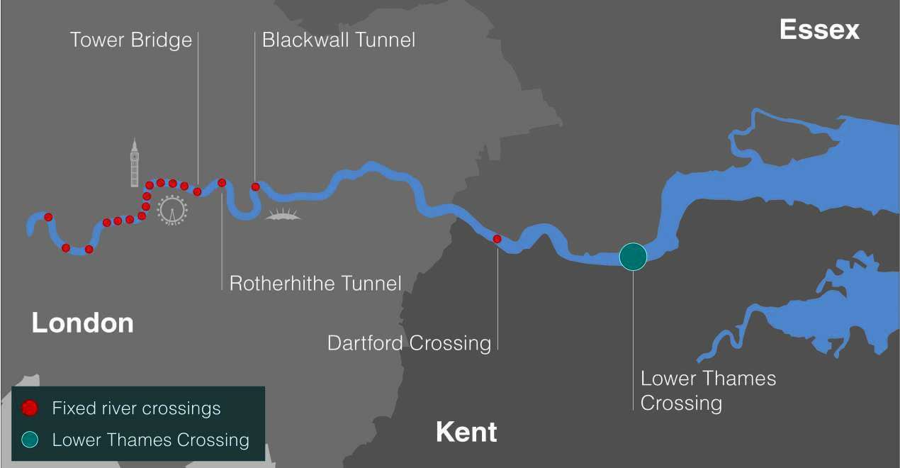 Current river crossing on the Thames and the proposed location of the Lower Thames Crossing (1220724)