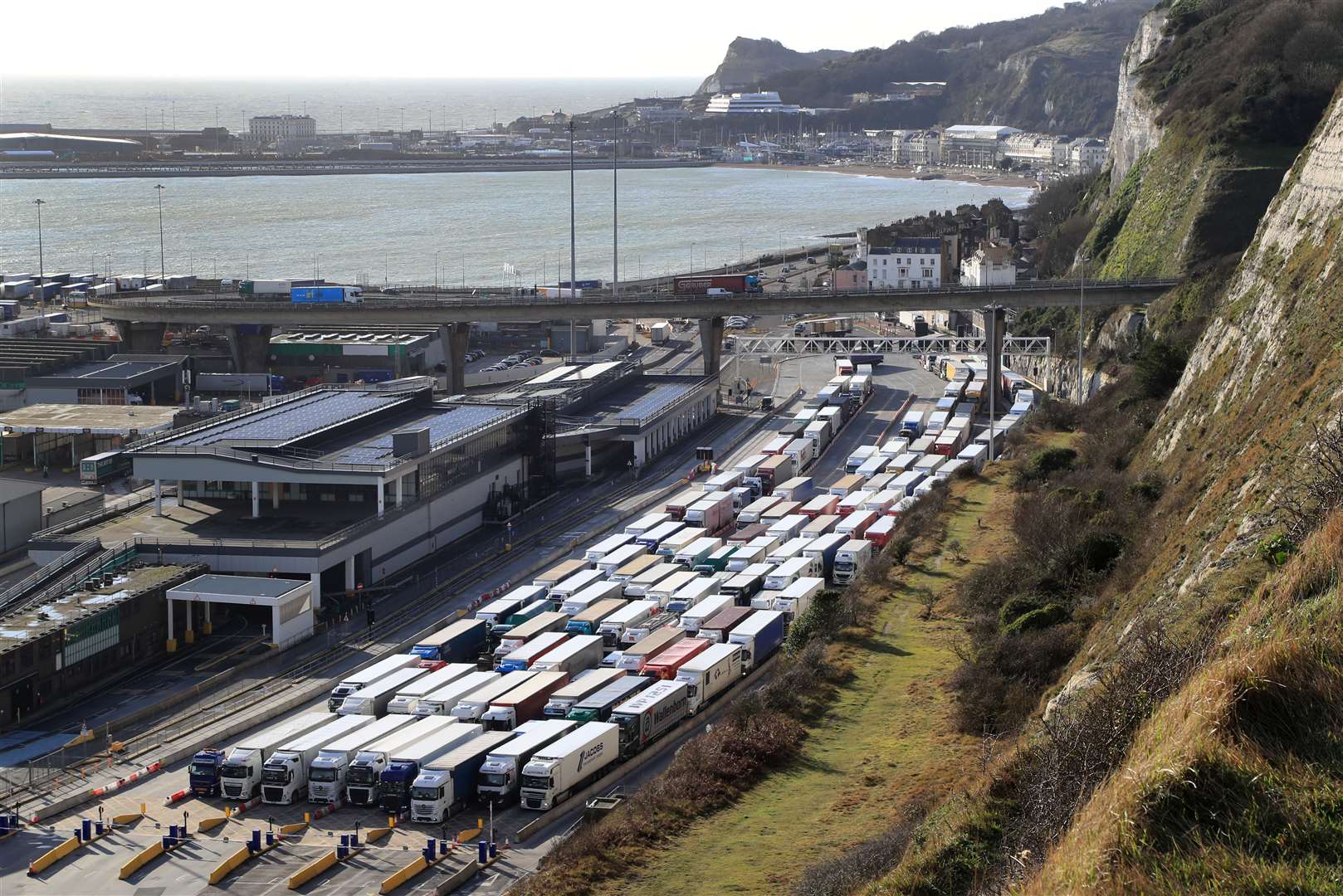 Lorries queue for ferries at the Port of Dover in Kent in January (Gareth Fuller/PA)