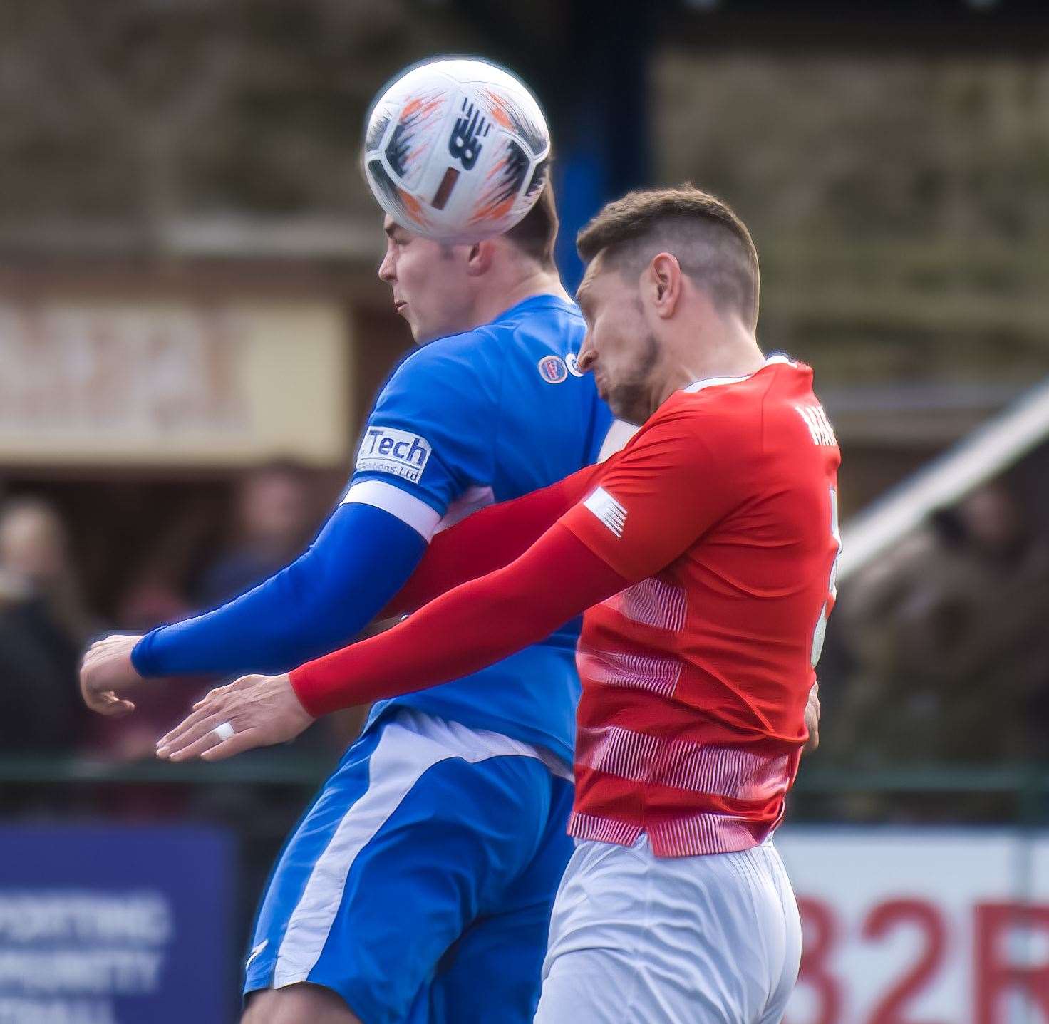 Joe Martin gets stuck in for Ebbsfleet (red) at Tonbridge Angels last weekend. Picture: Ed Miller/EUFC