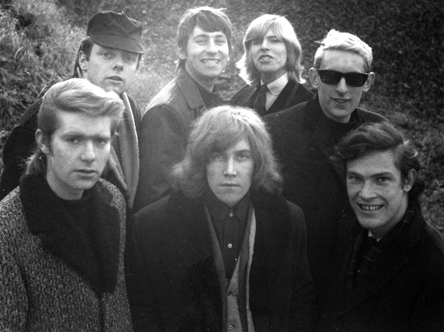David Bowie joins the Manish Boys (second from right, rear row). Pictured in Mote Park. Pic Bob Solly