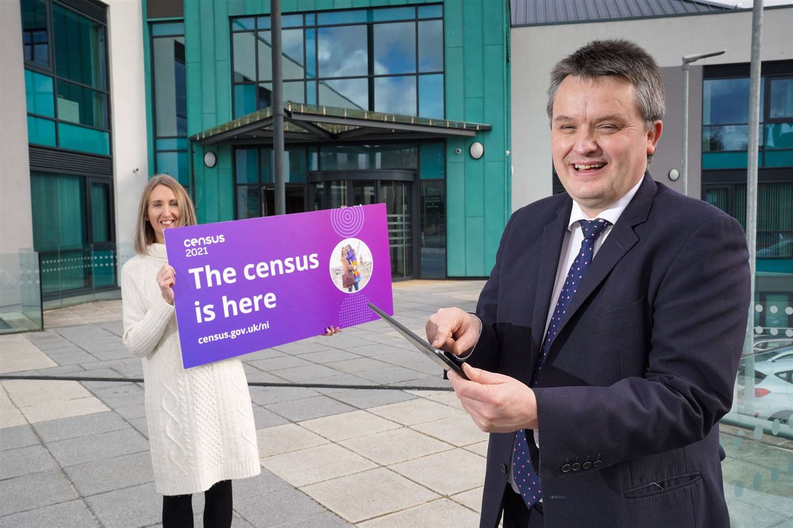 Dr David Marshall and Louise Clarke from the Northern Ireland Statistics and Research Agency (Aaron McCracken/PA)