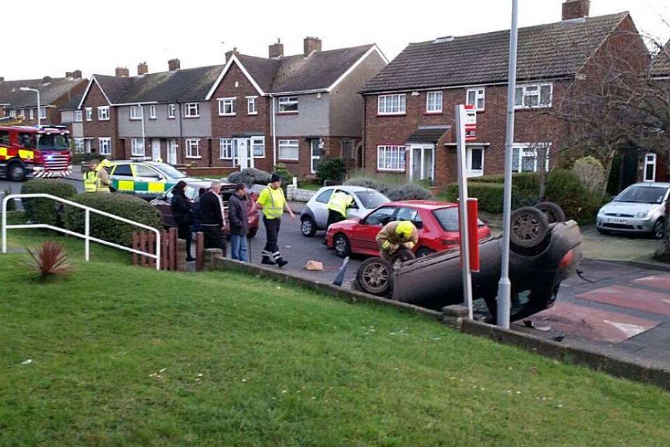 An overturned Ford Ka in Dene Holm Road. Pic by Vicky Bundock