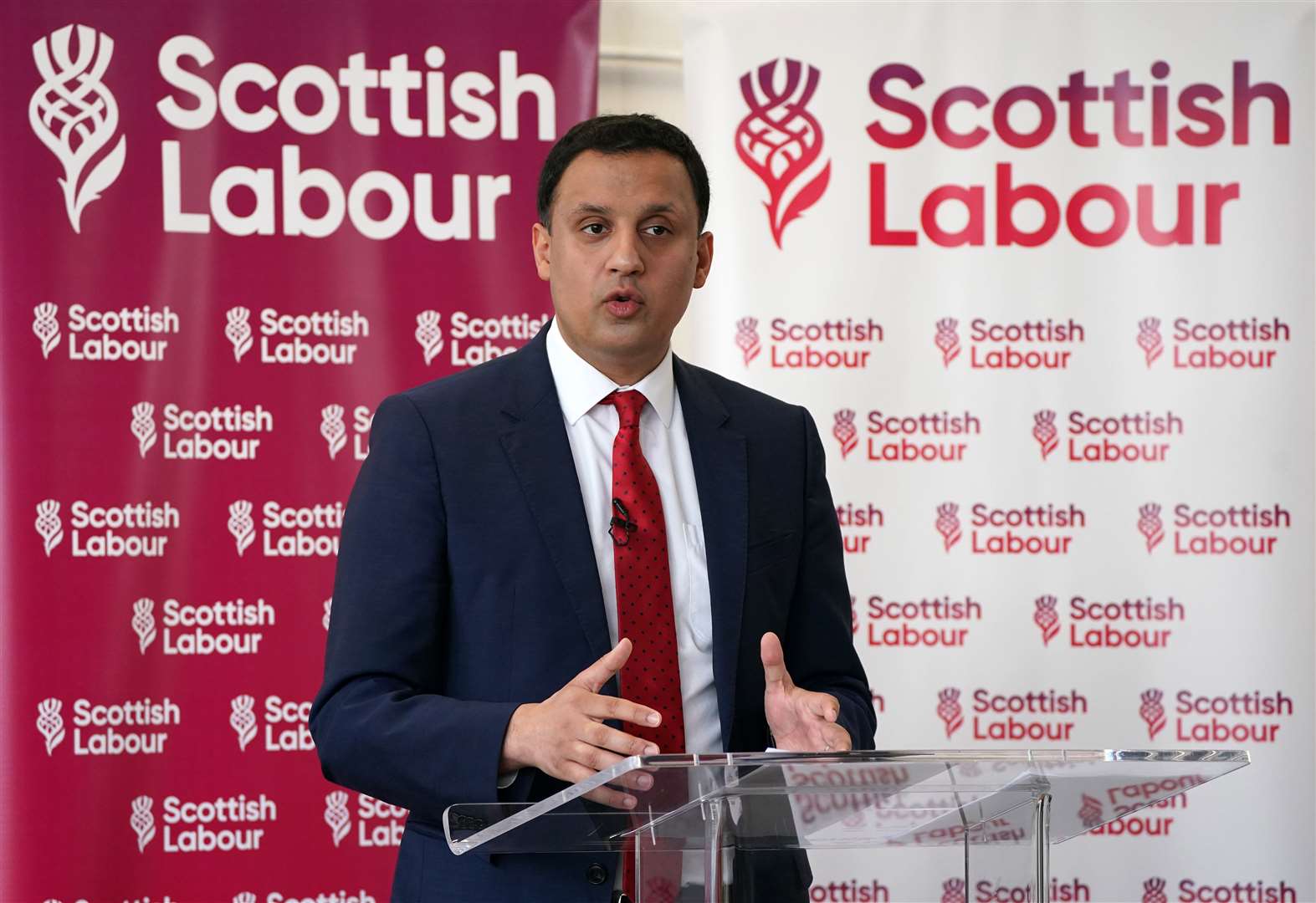 Scottish Labour leader Anas Sarwar makes a keynote speech at Pollok Community Centre in Glasgow (Andrew Milligan/PA)