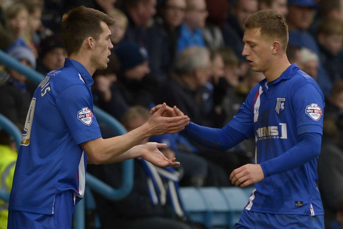 John Marquis replaces Luke Norris (right) during Gillingham's game against Colchester at Priestfield in March Picture: Barry Goodwin