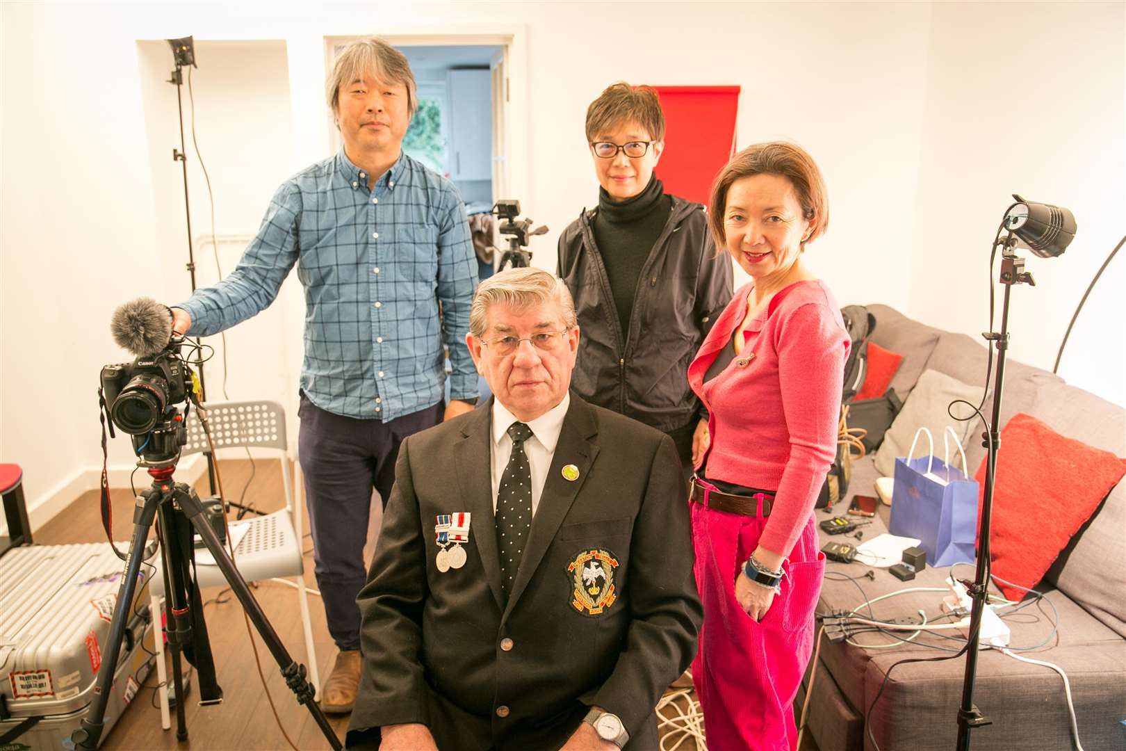 British ex-serviceman Terry Quinlan with Hideaki Ito, Misanthropist Kawagucki and Ai Tamura from Nippon TV