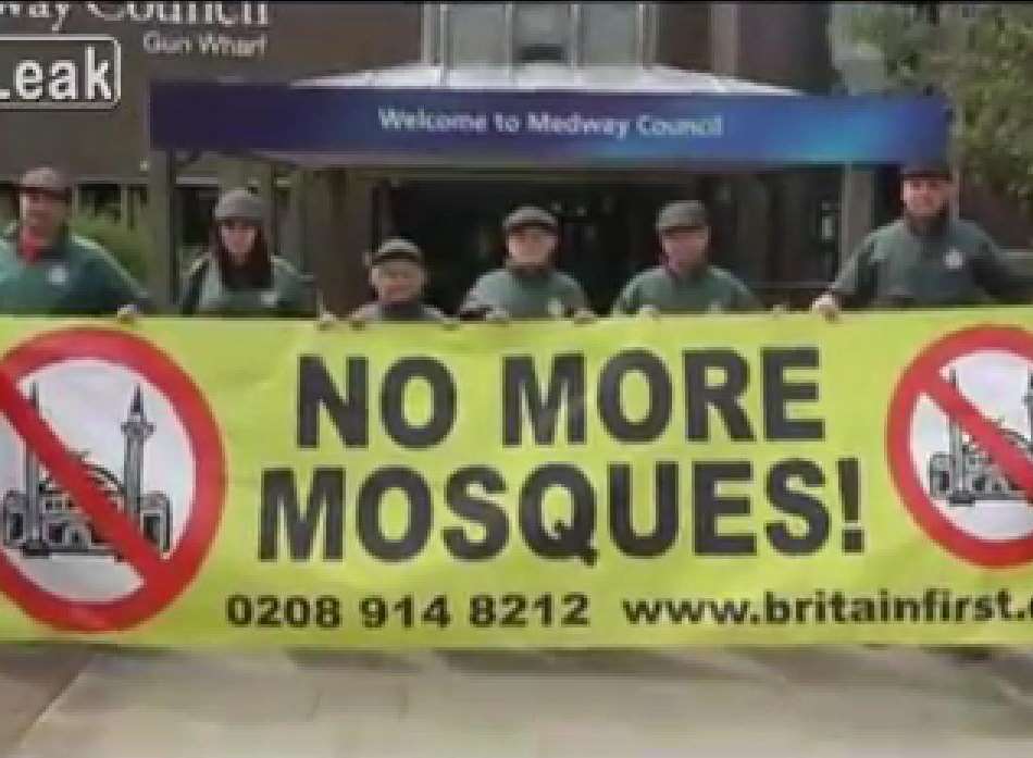 Britain First activists oppose a new Mosque which is awaiting planning approval
