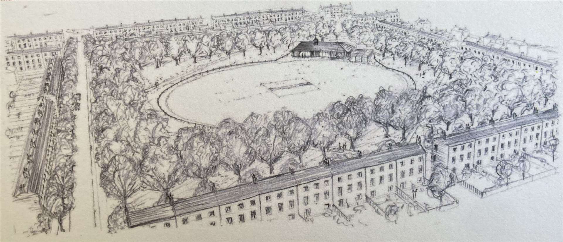 Drawing of central green and cricket pitch planned for Duchy of Cornwall development in Faversham