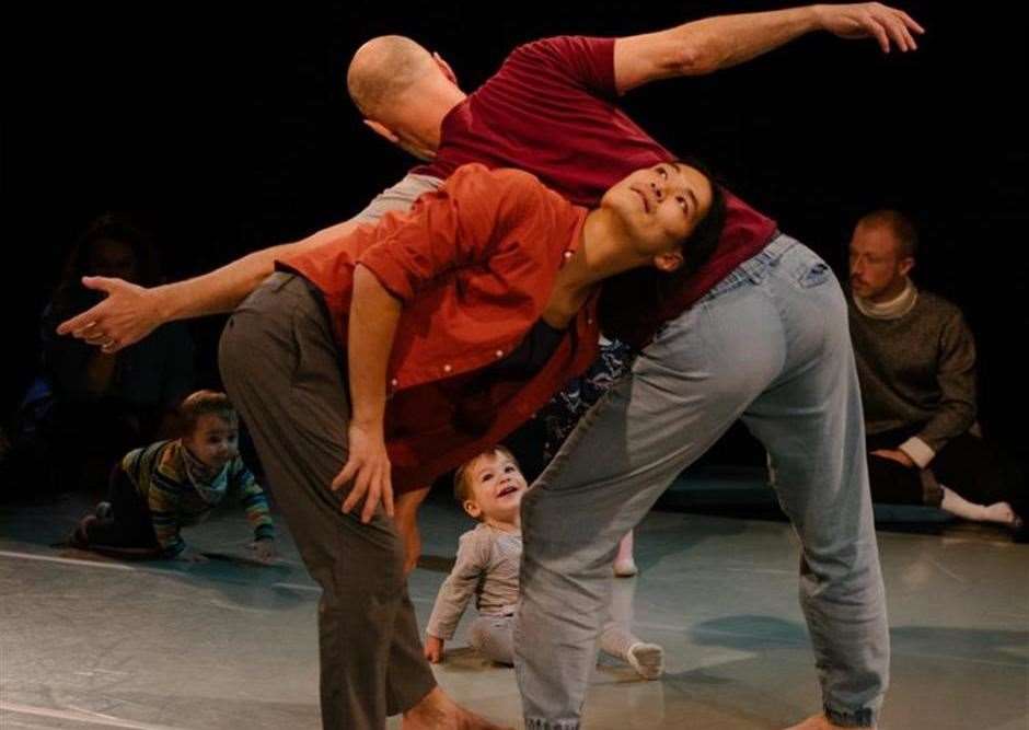 Four dancers weave around the space, inviting babies and children to join them in a warm hearted and playful performance.