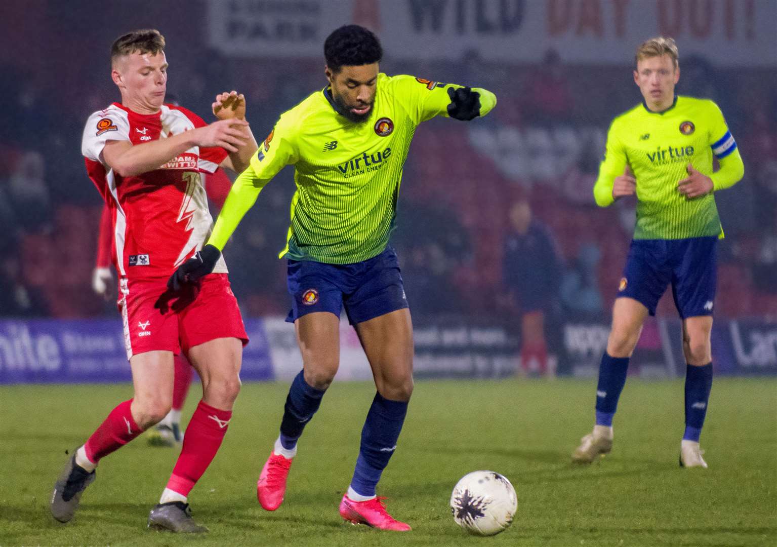 Ebbsfleet’s Dominic Samuel battles hard but Kidderminster took the points last weekend. Picture: Ed Miller/EUFC