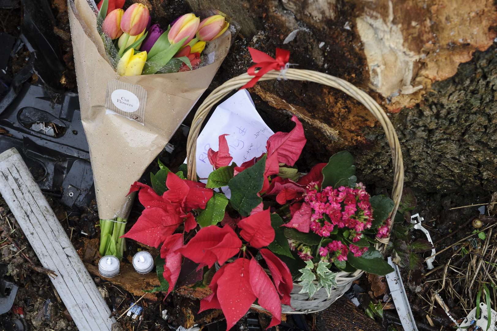 Floral tributes and the scene of a fatal collision on New Year's Eve, on Linton Hill, Maidstone (A229), near to the northerly Stilebridge Lane junction. (NB believe I have identified the correct site as a fatal on 4/12 was close by.)Picture: Andy Payton FM5038065 (1509634)